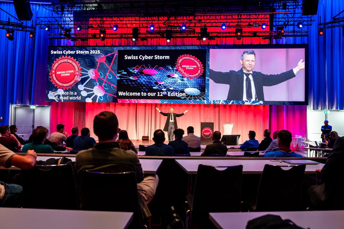 View of the main stage of the Swiss Cyber Storm conference with a lineup of speakers