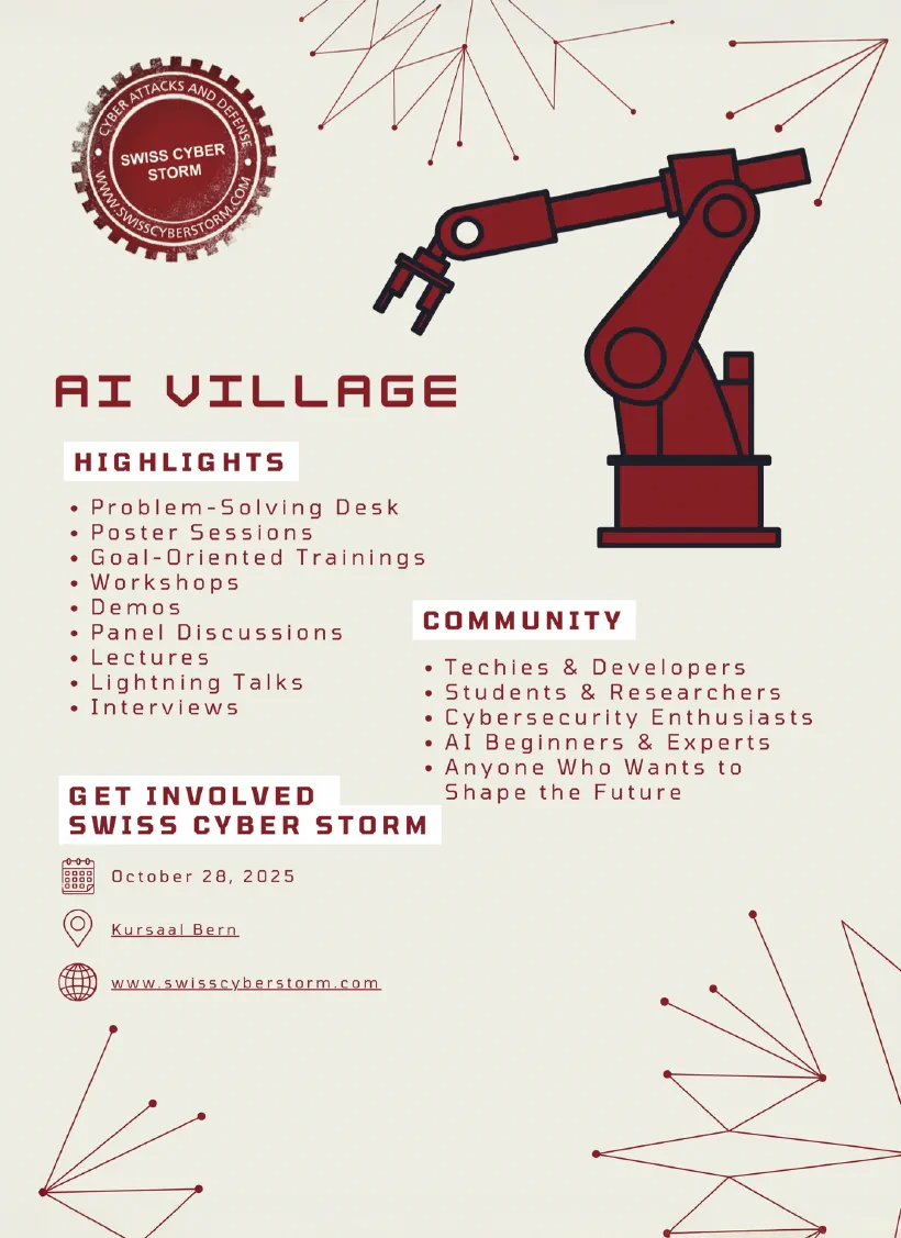 Flyer for the first ever Swiss Cyber Storm AI Village
