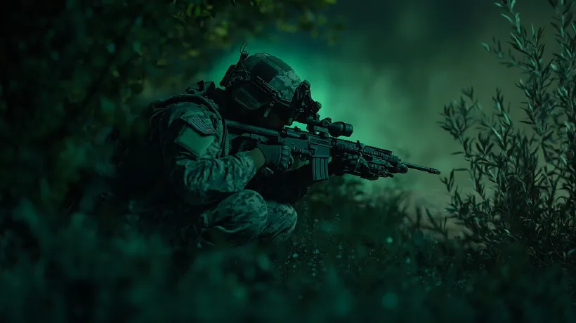 A crouching soldier poised for action